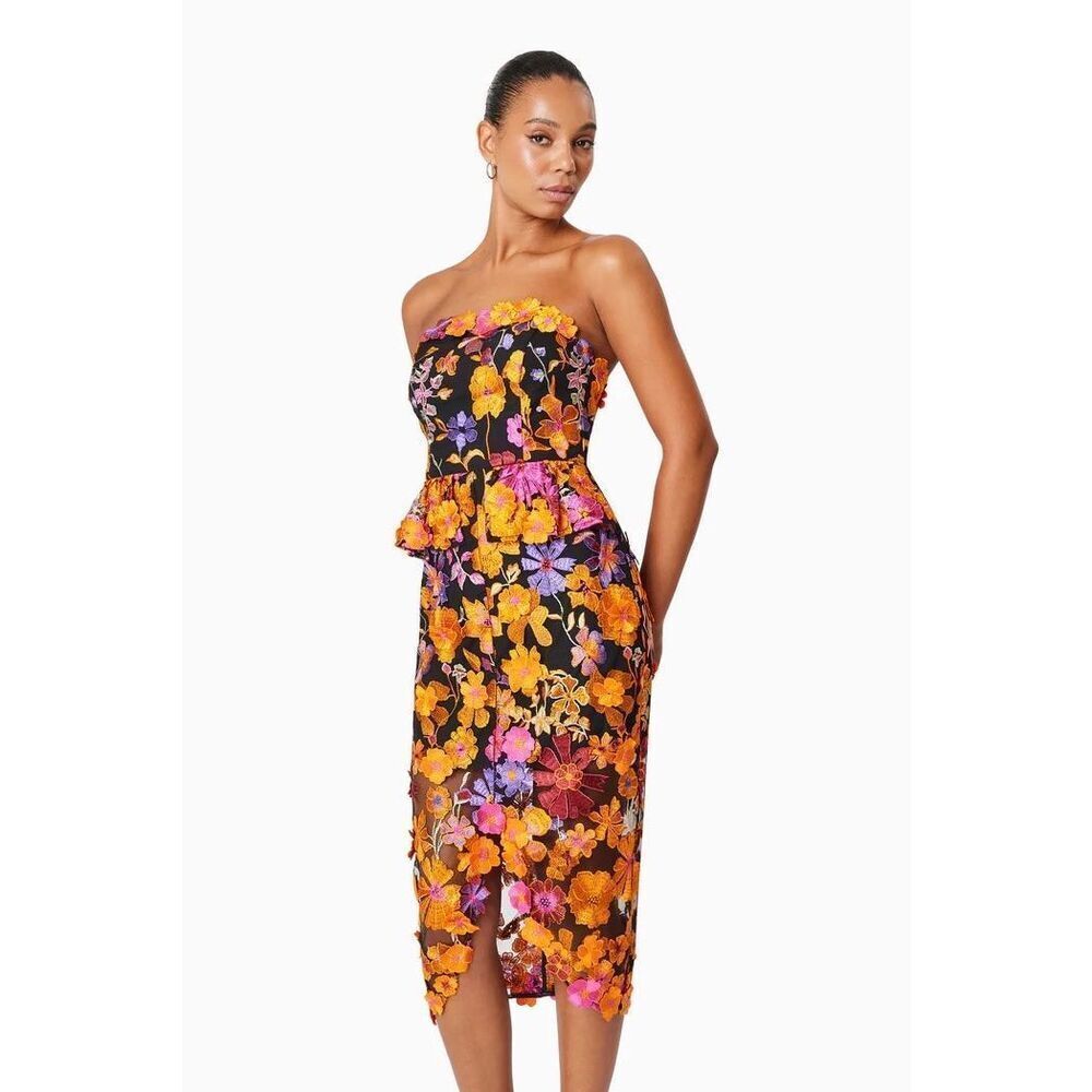 Elliatt 3D Floral Strapless Midi Dress Floral Cocktail Wedding Guest size S NWT